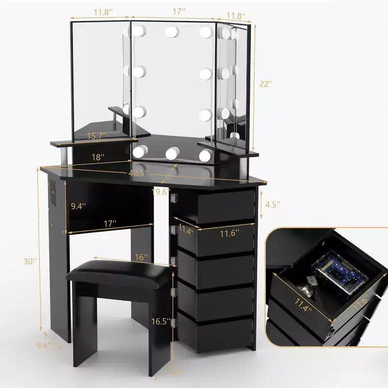 Coiffeuse d'angle COZONY avec lumières, table de maquillage avec prise électrique et tiroirs pivotants pour chambre à coucher