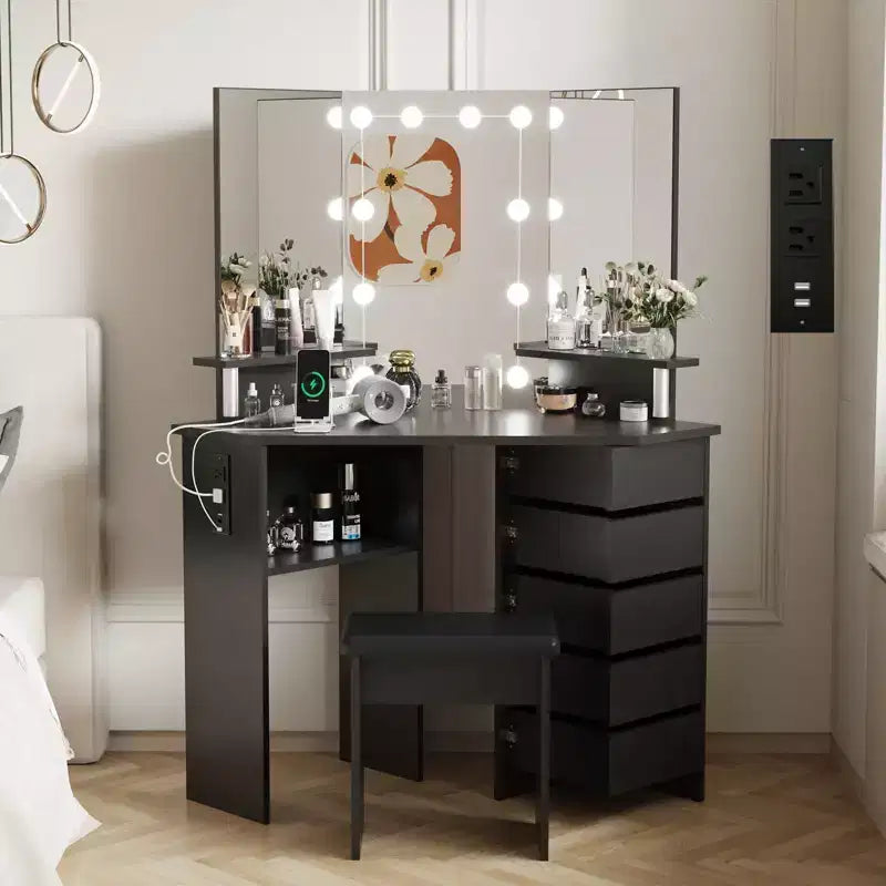 Coiffeuse d'angle COZONY avec lumières, table de maquillage avec prise électrique et tiroirs pivotants pour chambre à coucher
