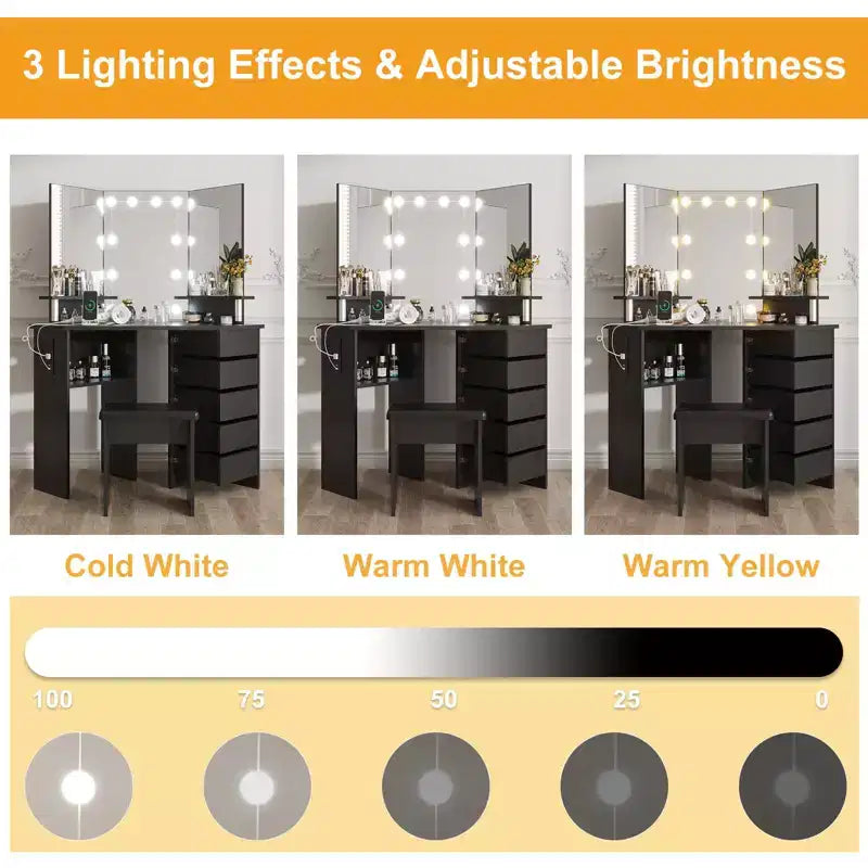 Coiffeuse d'angle COZONY avec lumières, table de maquillage avec prise électrique et tiroirs pivotants pour chambre à coucher
