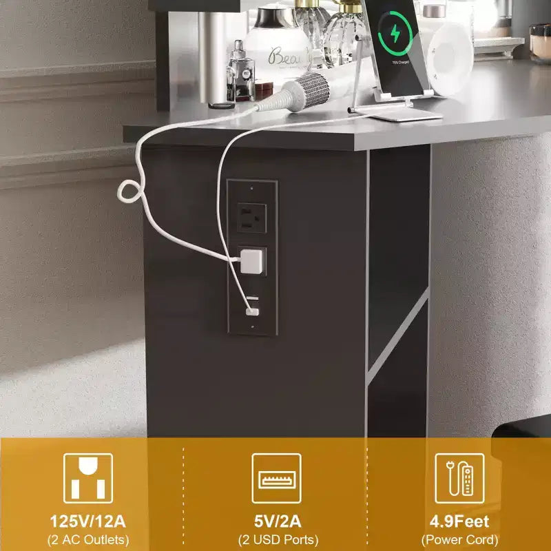 Coiffeuse d'angle COZONY avec lumières, table de maquillage avec prise électrique et tiroirs pivotants pour chambre à coucher