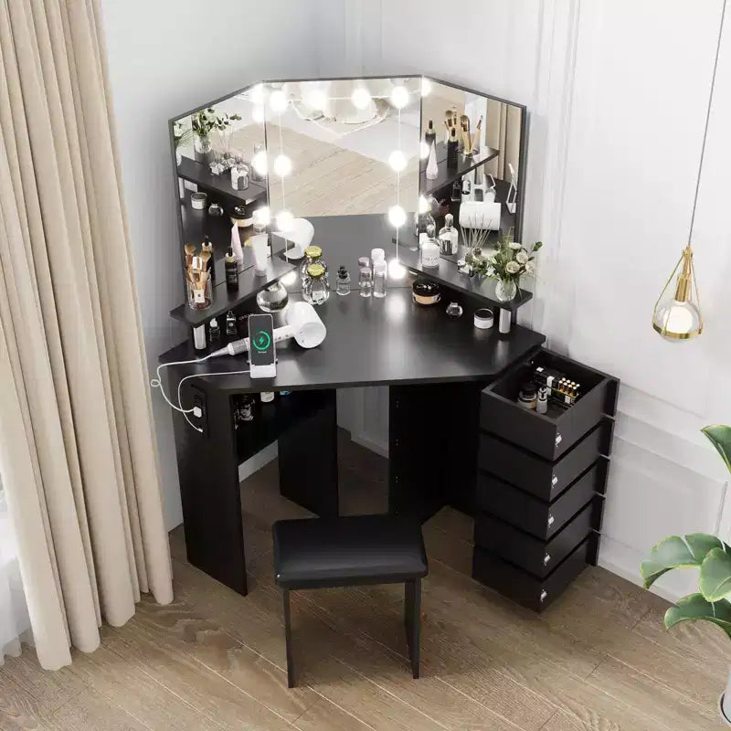Coiffeuse d'angle COZONY avec lumières, table de maquillage avec prise électrique et tiroirs pivotants pour chambre à coucher