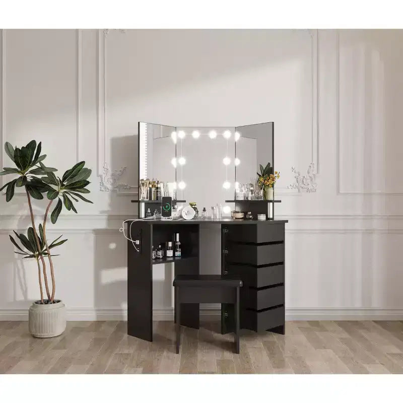 Coiffeuse d'angle COZONY avec lumières, table de maquillage avec prise électrique et tiroirs pivotants pour chambre à coucher