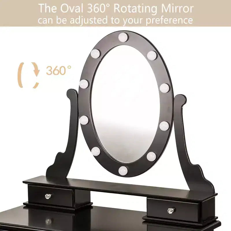 COZONY Coiffeuse avec lumières, table de maquillage en bois avec miroir ovale et tabouret, éclairage 3 couleurs, 5 grands tiroirs