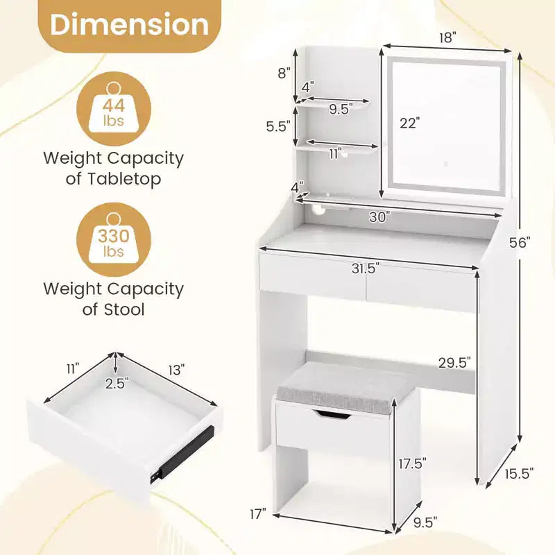 Coiffeuse Costway avec miroir et lumières Table de maquillage LED éclairée avec 3 modes de couleur