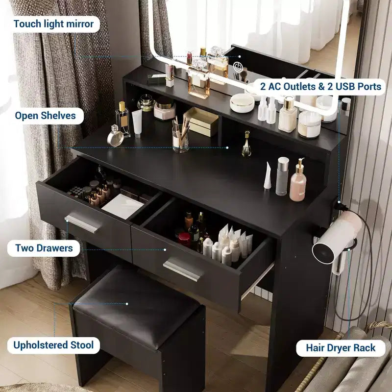 Coiffeuse avec miroir LED réglable 3 couleurs, petite table de maquillage avec prise de courant et 2 tiroirs, coiffeuse et tabouret rembourré pour chambre à coucher