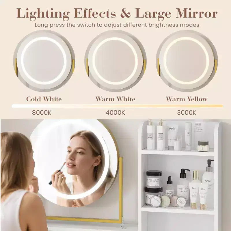 GustoWave Coiffeuse moderne avec miroir rotatif réglable, 3 lumières de couleur, table de maquillage avec rangement pour chambre à coucher