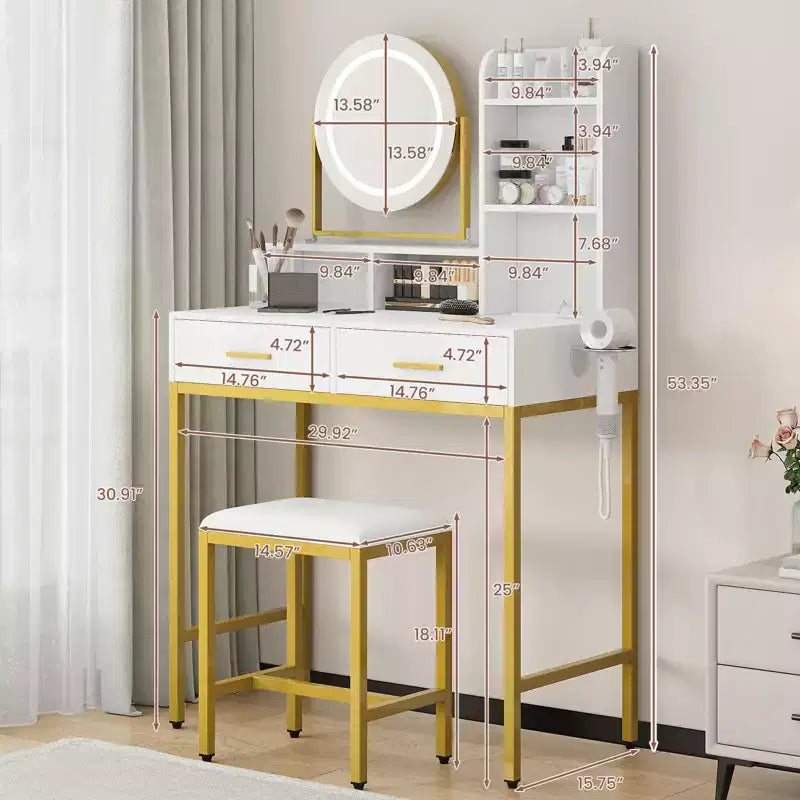 GustoWave Coiffeuse moderne avec miroir rotatif réglable, 3 lumières de couleur, table de maquillage avec rangement pour chambre à coucher