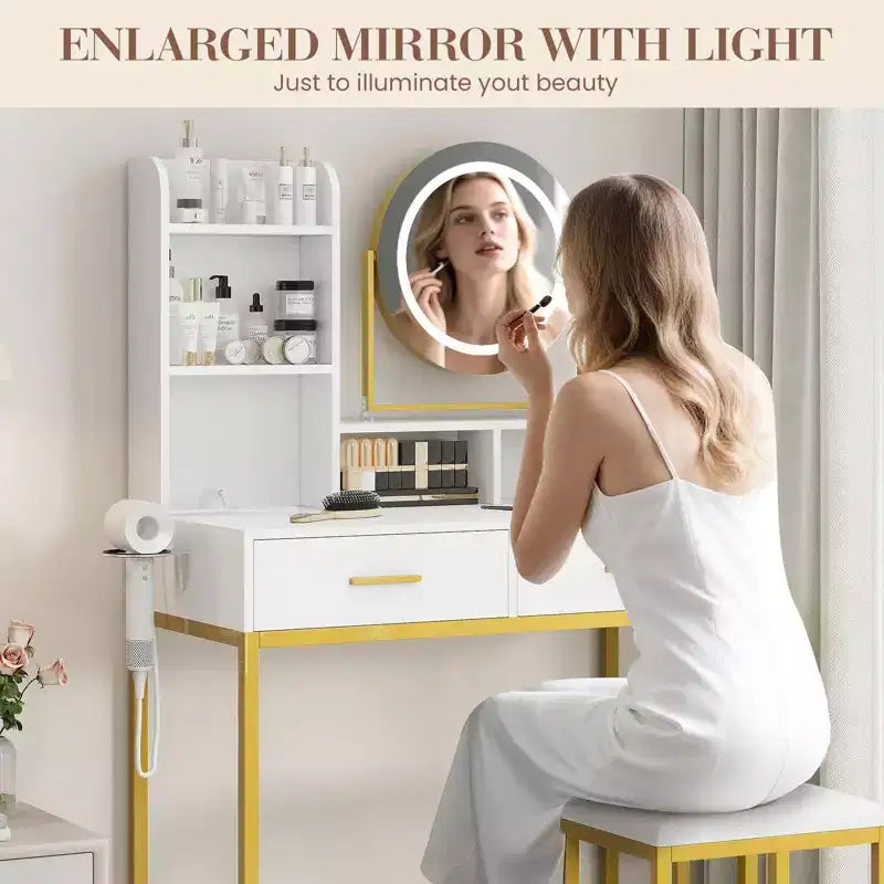 GustoWave Coiffeuse moderne avec miroir rotatif réglable, 3 lumières de couleur, table de maquillage avec rangement pour chambre à coucher