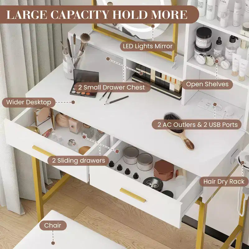 GustoWave Coiffeuse moderne avec miroir rotatif réglable, 3 lumières de couleur, table de maquillage avec rangement pour chambre à coucher