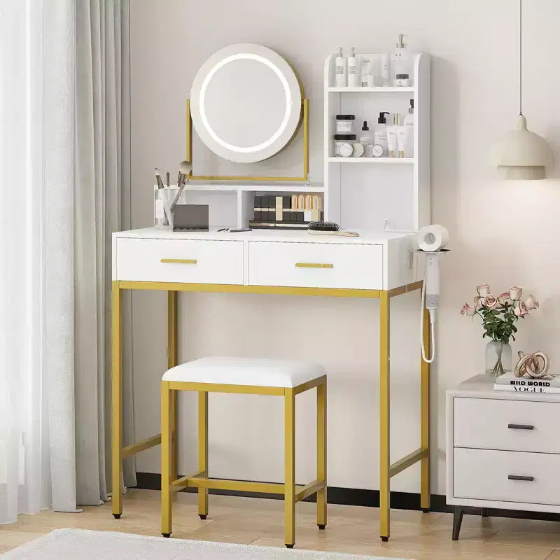 GustoWave Coiffeuse moderne avec miroir rotatif réglable, 3 lumières de couleur, table de maquillage avec rangement pour chambre à coucher