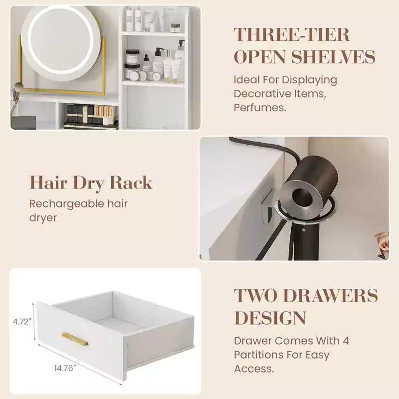 GustoWave Coiffeuse moderne avec miroir rotatif réglable, 3 lumières de couleur, table de maquillage avec rangement pour chambre à coucher