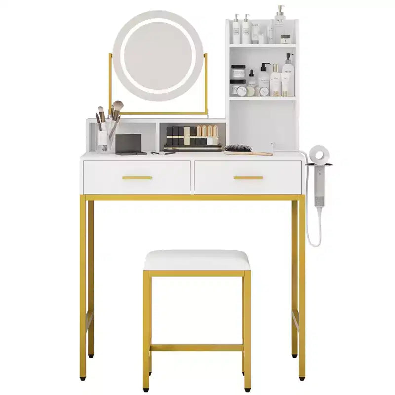 GustoWave Coiffeuse moderne avec miroir rotatif réglable, 3 lumières de couleur, table de maquillage avec rangement pour chambre à coucher