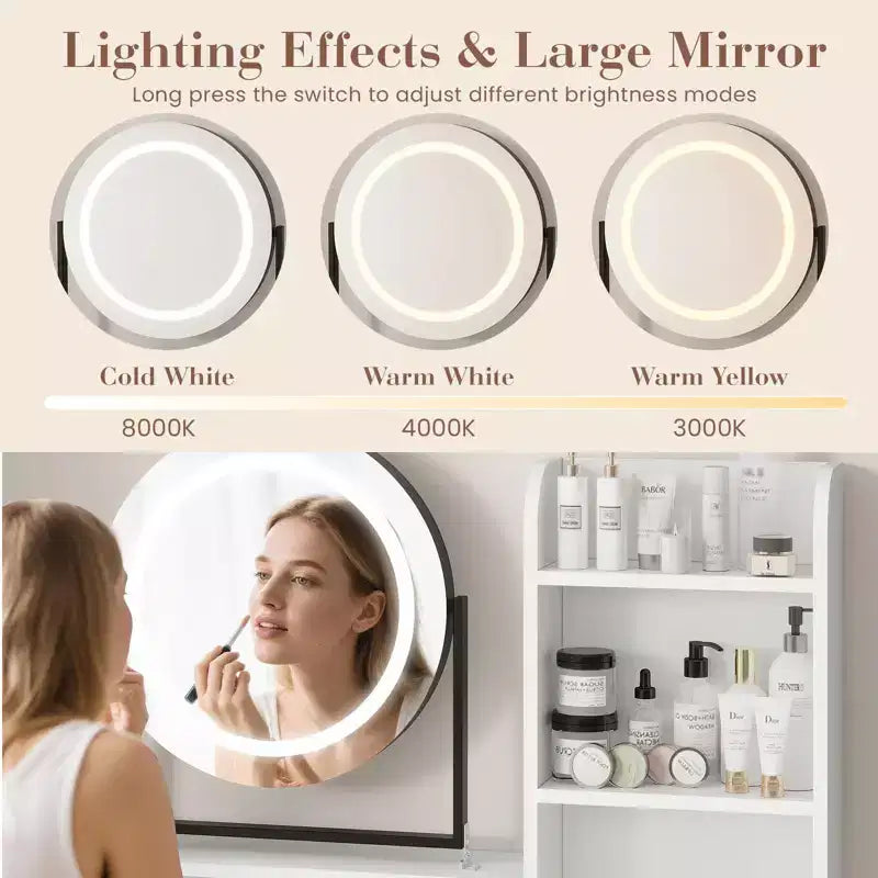 GustoWave Coiffeuse moderne avec miroir rotatif réglable, 3 lumières de couleur, table de maquillage avec rangement pour chambre à coucher