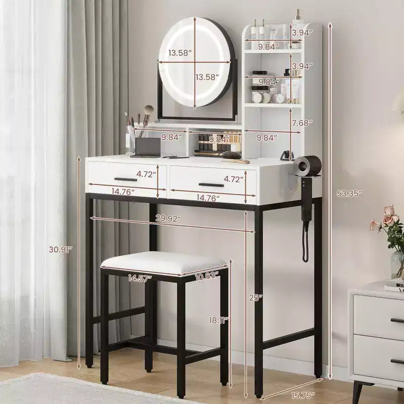 GustoWave Coiffeuse moderne avec miroir rotatif réglable, 3 lumières de couleur, table de maquillage avec rangement pour chambre à coucher