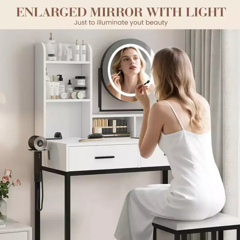 GustoWave Coiffeuse moderne avec miroir rotatif réglable, 3 lumières de couleur, table de maquillage avec rangement pour chambre à coucher
