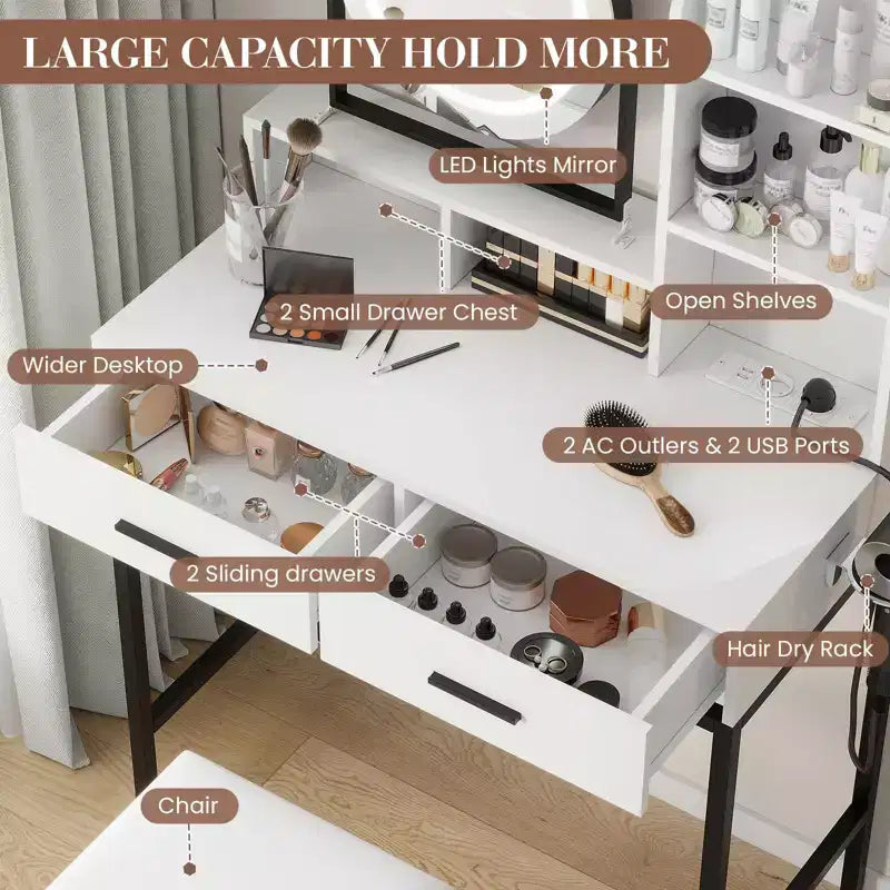 GustoWave Coiffeuse moderne avec miroir rotatif réglable, 3 lumières de couleur, table de maquillage avec rangement pour chambre à coucher