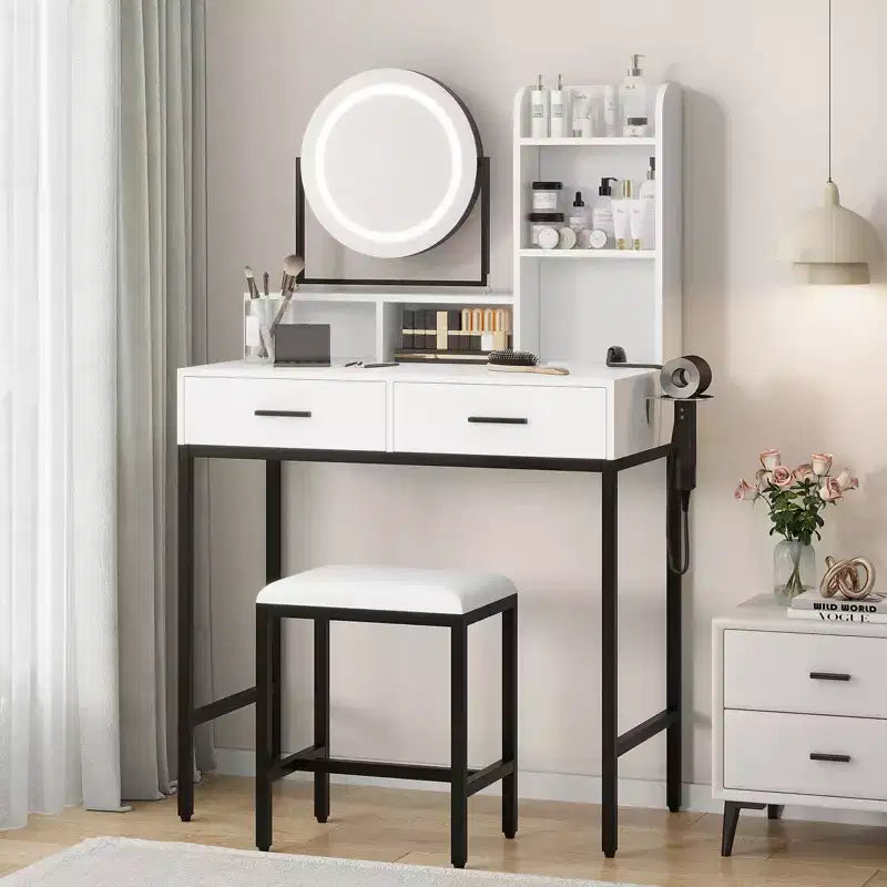 GustoWave Coiffeuse moderne avec miroir rotatif réglable, 3 lumières de couleur, table de maquillage avec rangement pour chambre à coucher