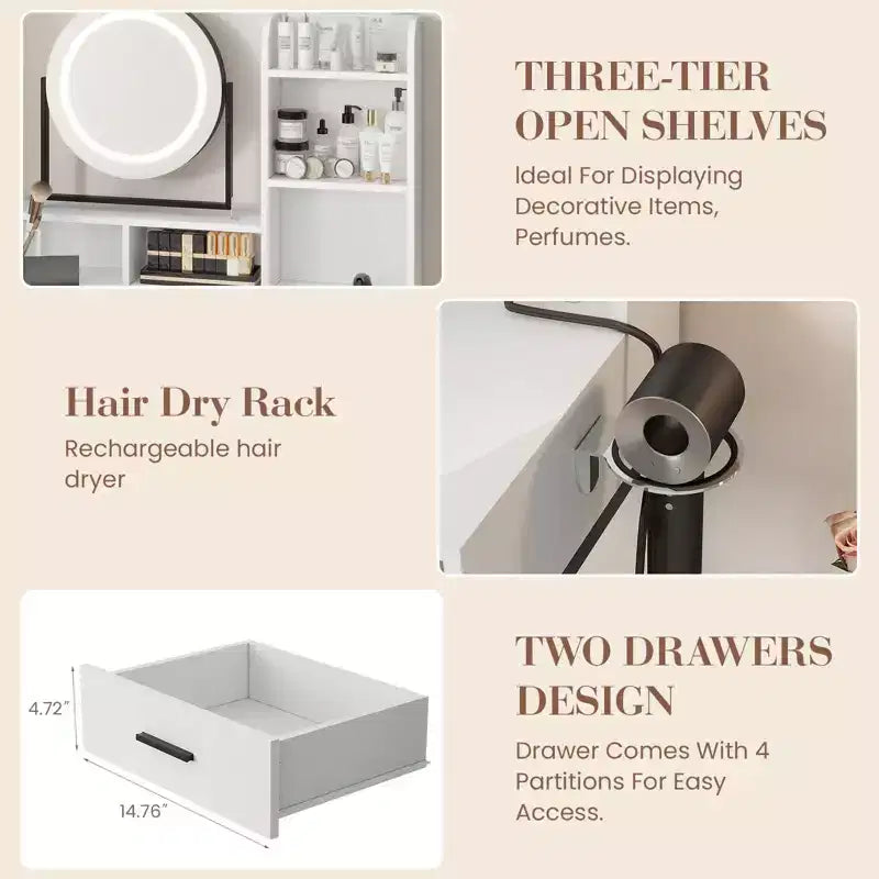 GustoWave Coiffeuse moderne avec miroir rotatif réglable, 3 lumières de couleur, table de maquillage avec rangement pour chambre à coucher