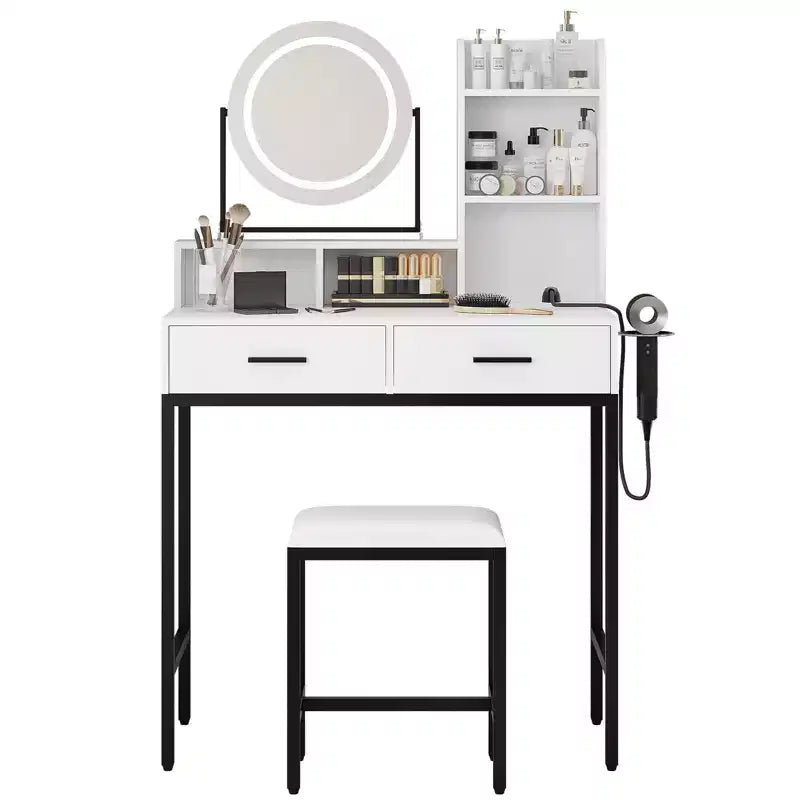 GustoWave Coiffeuse moderne avec miroir rotatif réglable, 3 lumières de couleur, table de maquillage avec rangement pour chambre à coucher