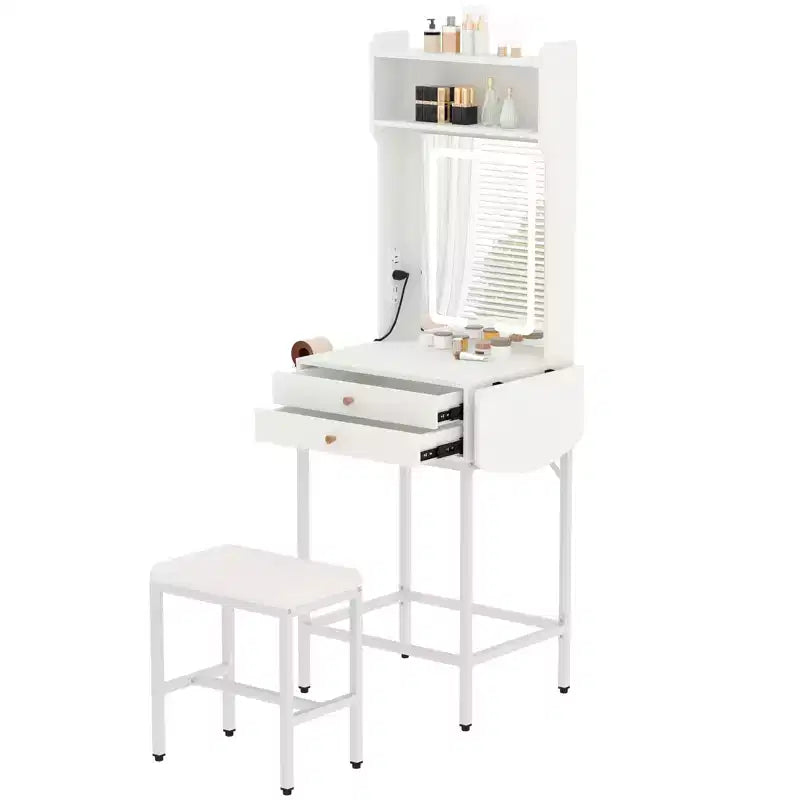 Coiffeuse de maquillage compacte COZONY avec miroir, mini table de maquillage éclairée réglable avec support pour sèche-cheveux, 2 tiroirs et panneau rabattable pour chambres à coucher