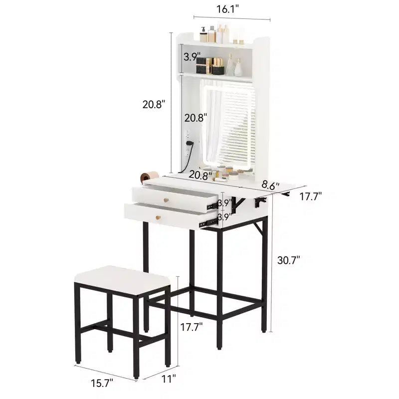 Coiffeuse de maquillage compacte COZONY avec miroir, mini table de maquillage éclairée réglable avec support pour sèche-cheveux, 2 tiroirs et panneau rabattable pour chambres à coucher