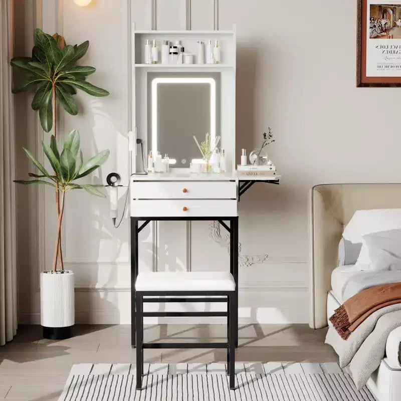 Coiffeuse de maquillage compacte COZONY avec miroir, mini table de maquillage éclairée réglable avec support pour sèche-cheveux, 2 tiroirs et panneau rabattable pour chambres à coucher