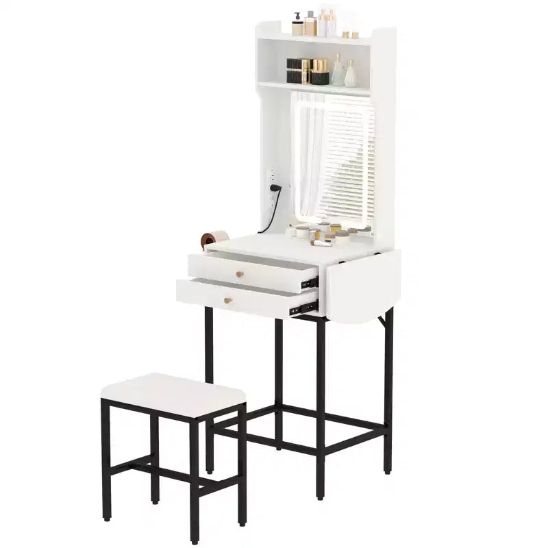 Coiffeuse de maquillage compacte COZONY avec miroir, mini table de maquillage éclairée réglable avec support pour sèche-cheveux, 2 tiroirs et panneau rabattable pour chambres à coucher