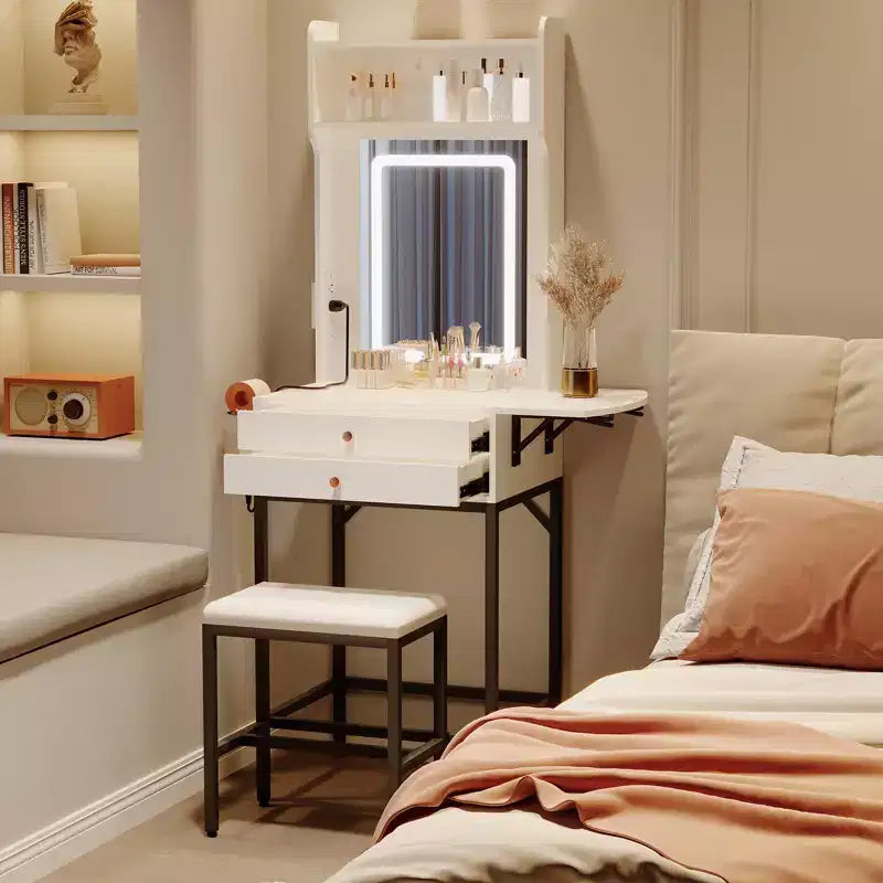 Coiffeuse de maquillage compacte COZONY avec miroir, mini table de maquillage éclairée réglable avec support pour sèche-cheveux, 2 tiroirs et panneau rabattable pour chambres à coucher