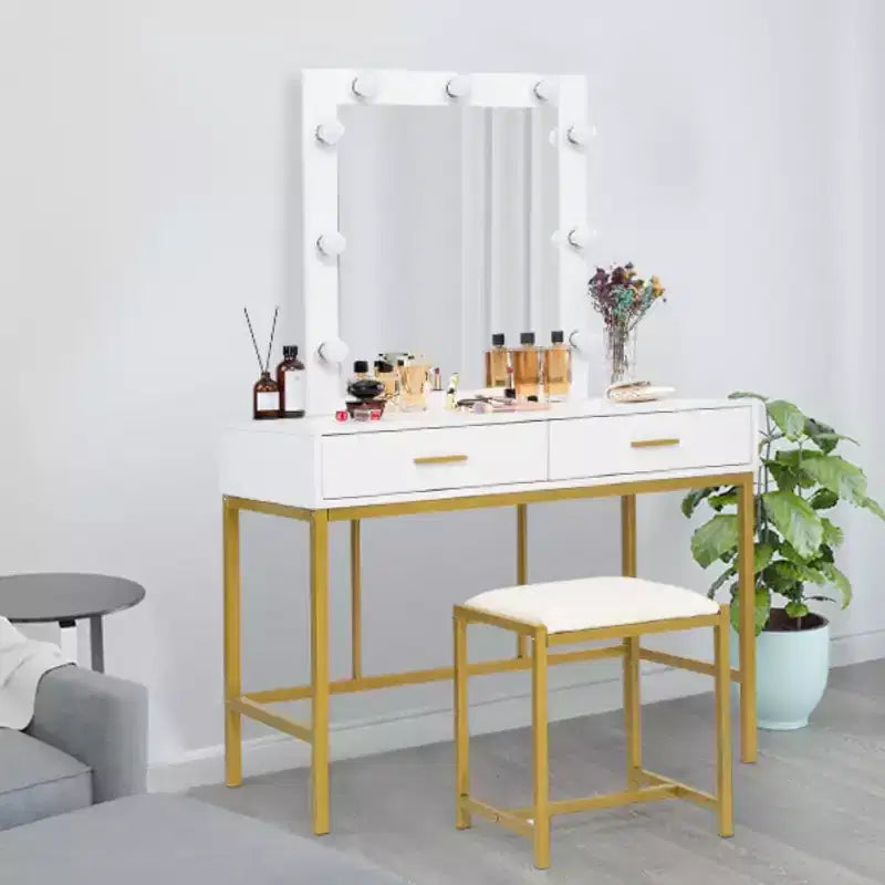 VINGLI 40 Vanity Set with Lighted Mirror and Stool,White Makeup Vanity Table Set with 9 Lights for Bedroom, White&Gold