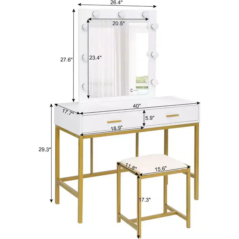 VINGLI Coiffeuse 40" avec miroir lumineux et tabouret, ensemble de table de maquillage blanc avec 9 lumières pour chambre à coucher, blanc et or