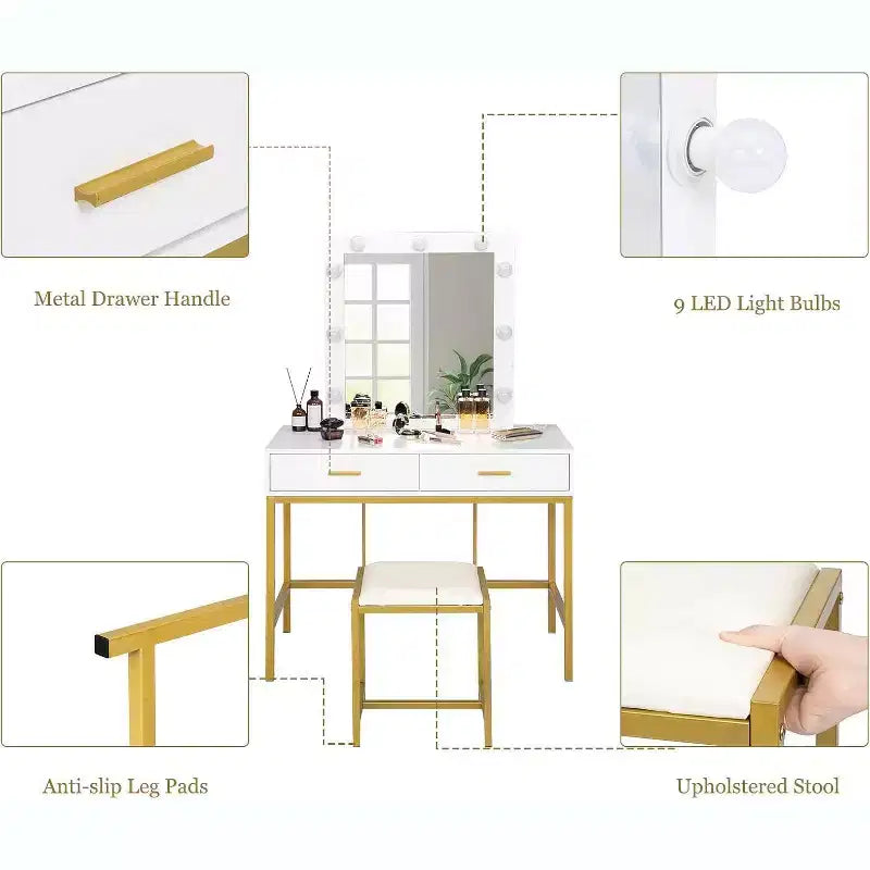 VINGLI Coiffeuse 40" avec miroir lumineux et tabouret, ensemble de table de maquillage blanc avec 9 lumières pour chambre à coucher, blanc et or