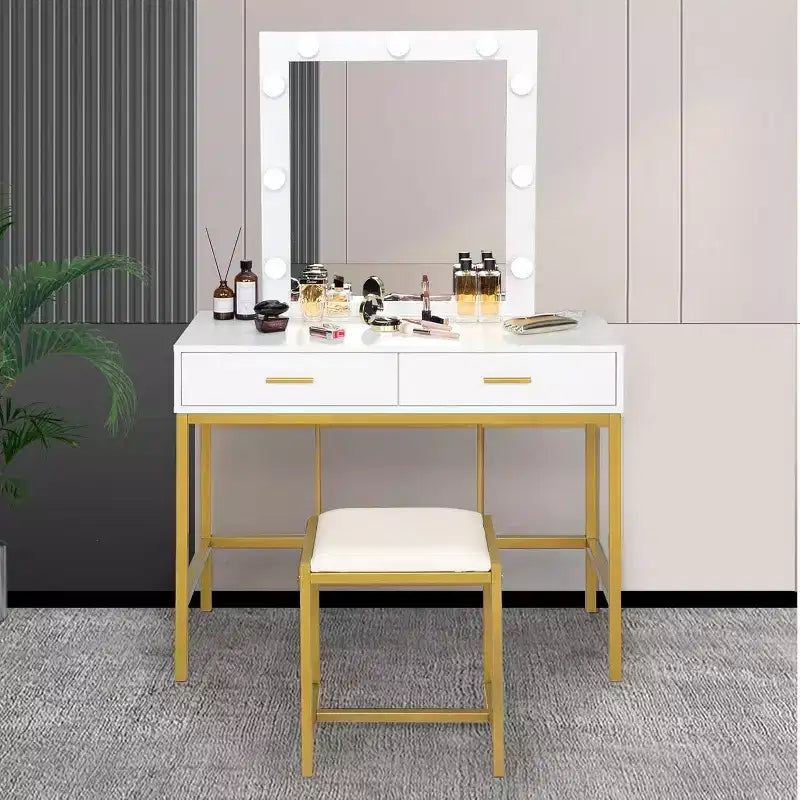 VINGLI Coiffeuse 40" avec miroir lumineux et tabouret, ensemble de table de maquillage blanc avec 9 lumières pour chambre à coucher, blanc et or