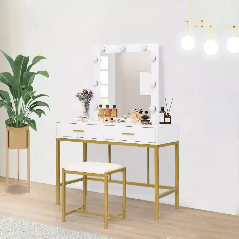 VINGLI Coiffeuse 40" avec miroir lumineux et tabouret, ensemble de table de maquillage blanc avec 9 lumières pour chambre à coucher, blanc et or