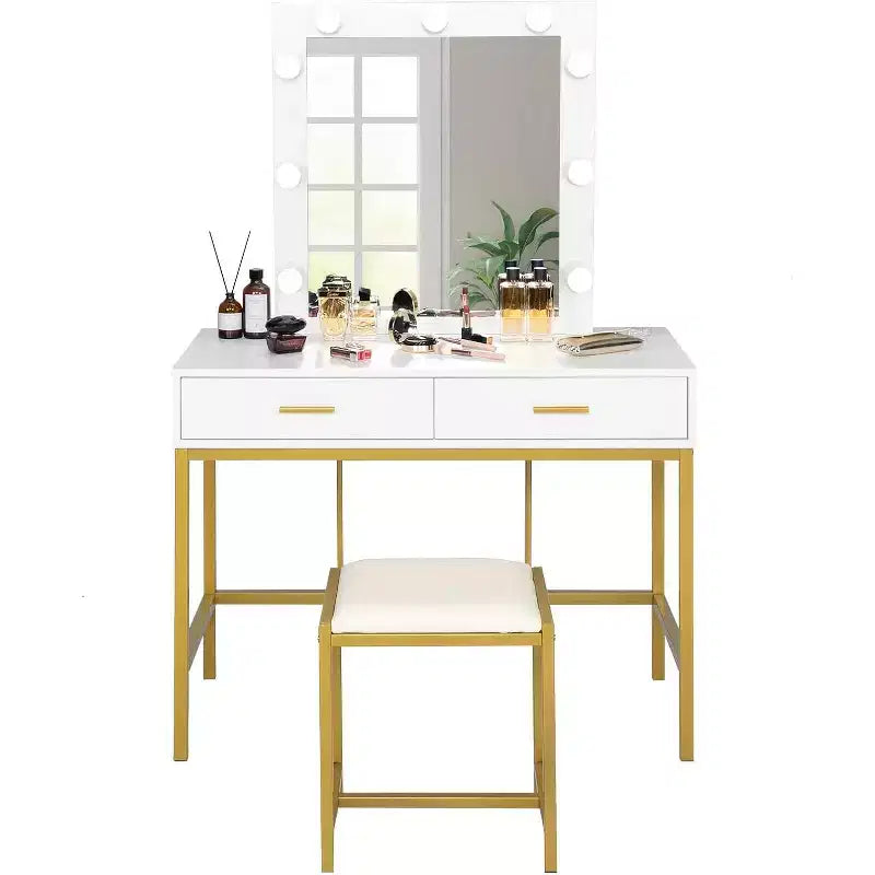 VINGLI Coiffeuse 40" avec miroir lumineux et tabouret, ensemble de table de maquillage blanc avec 9 lumières pour chambre à coucher, blanc et or