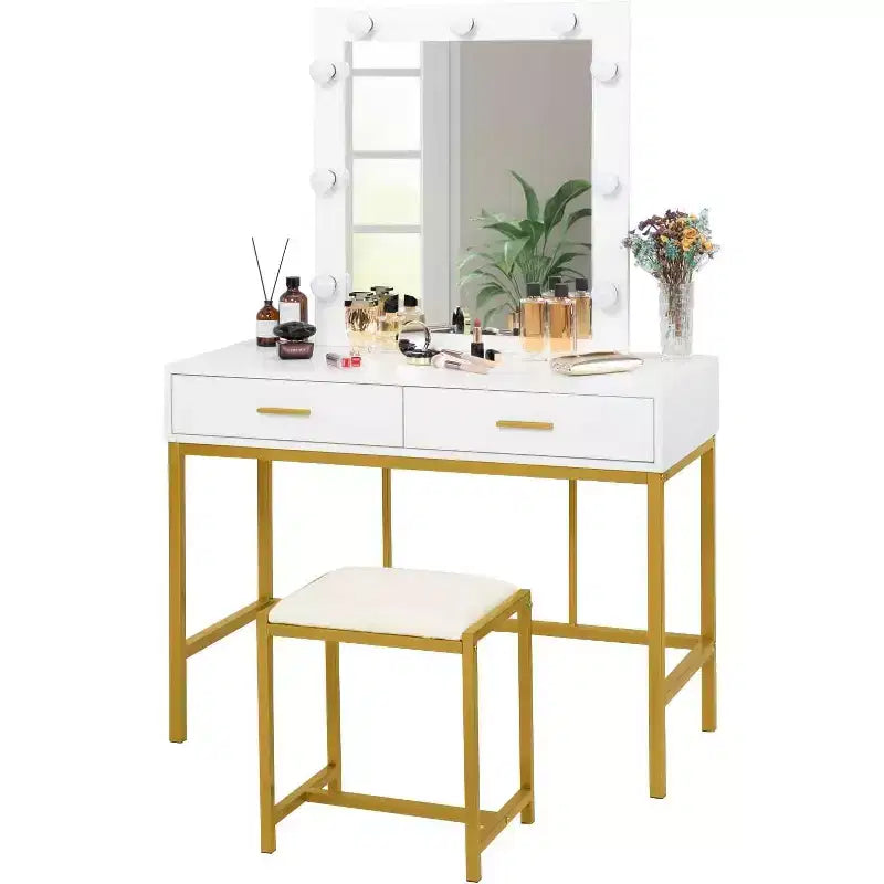 VINGLI Coiffeuse 40" avec miroir lumineux et tabouret, ensemble de table de maquillage blanc avec 9 lumières pour chambre à coucher, blanc et or