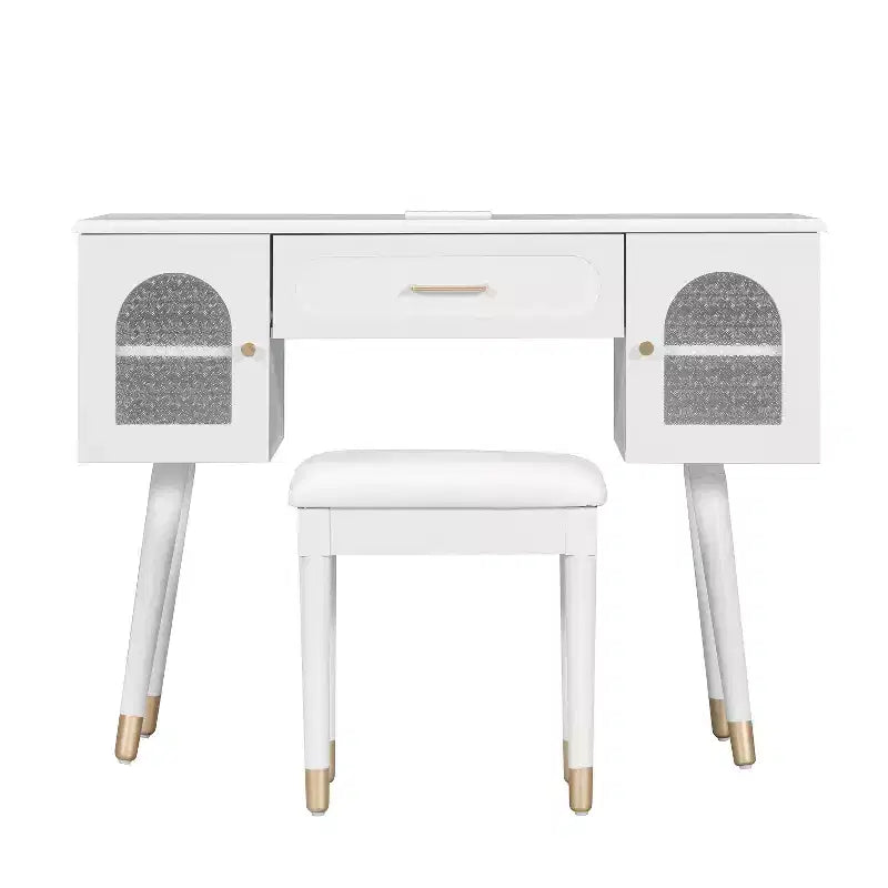 Elegant Vanity Makeup Table & Chair Set, Modern Dressing Table with Organizer, Writing Desk, Charging Port, White