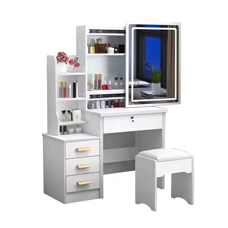 Coiffeuse moderne avec miroir et lumières GDFStudio Tess de 34,8 po, avec 1 chaise, 4 tiroirs et étagères ouvertes