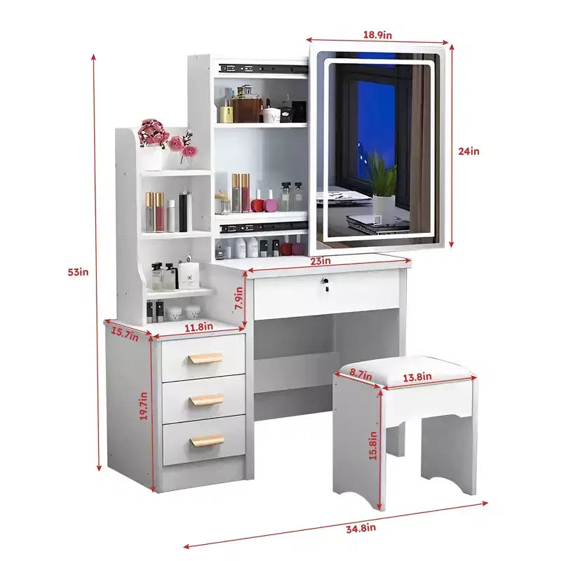 Coiffeuse moderne avec miroir et lumières GDFStudio Tess de 34,8 po, avec 1 chaise, 4 tiroirs et étagères ouvertes