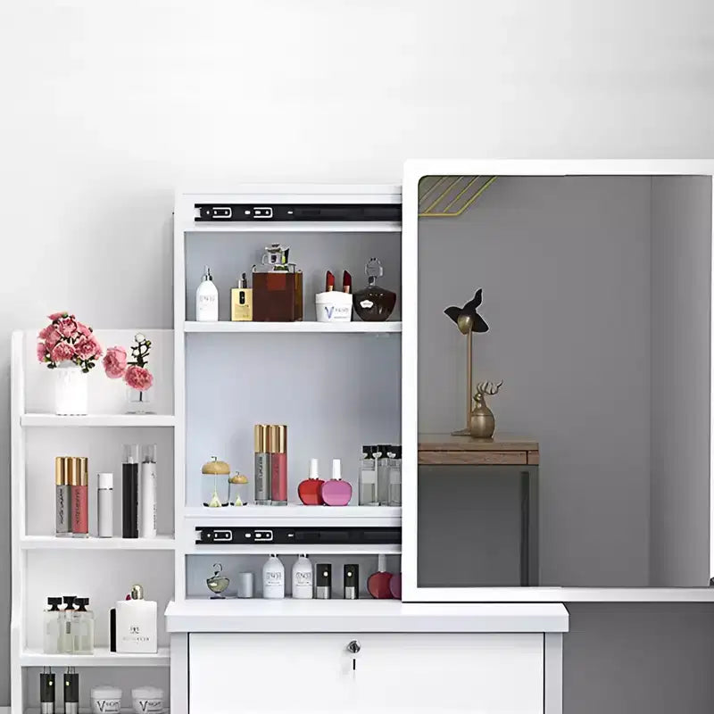 Coiffeuse moderne avec miroir et lumières GDFStudio Tess de 34,8 po, avec 1 chaise, 4 tiroirs et étagères ouvertes