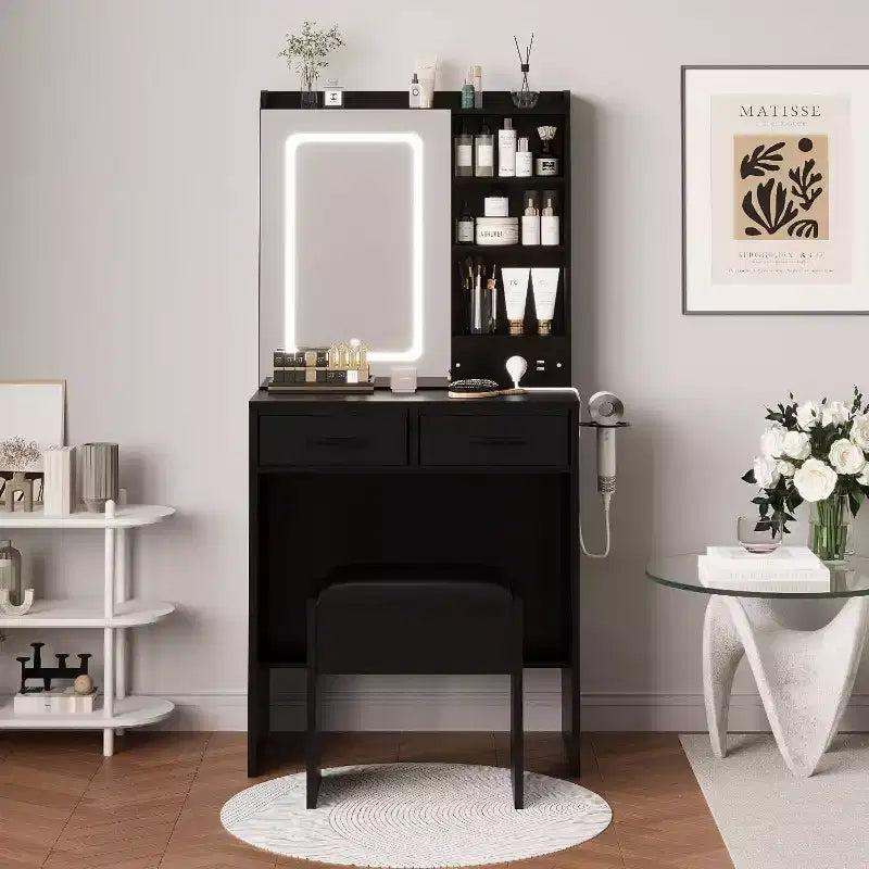 Petite coiffeuse avec miroir et lumières, table de maquillage avec 2 tiroirs, étagères ouvertes et tabouret, ensemble coiffeuse pour chambre à coucher.