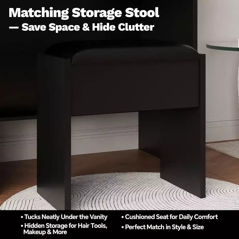 Petite coiffeuse avec miroir et lumières, table de maquillage avec 2 tiroirs, étagères ouvertes et tabouret, ensemble coiffeuse pour chambre à coucher.