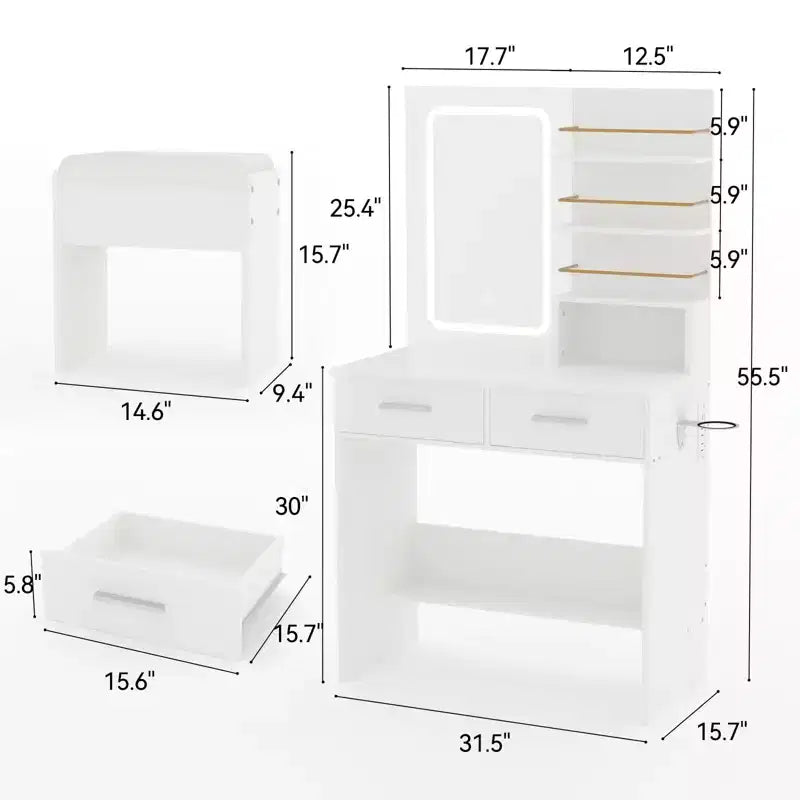 Coiffeuse avec miroir, Meuble de maquillage avec 2 tiroirs et étagères ouvertes, Armoire, Table de toilette de chambre avec chaise