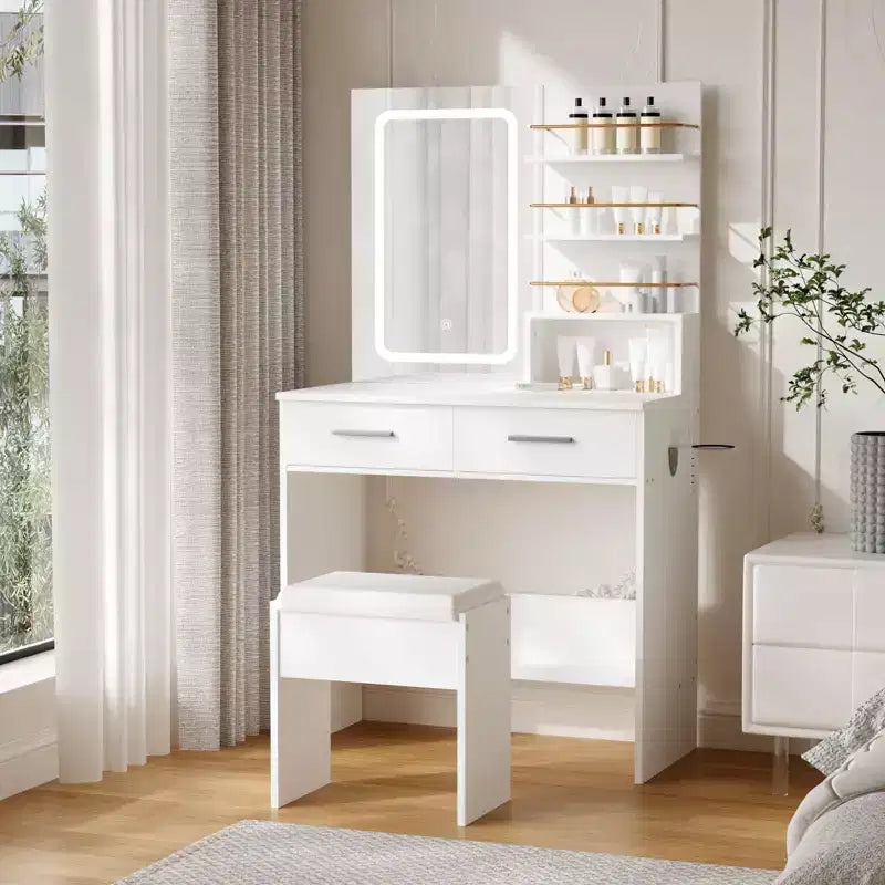 Coiffeuse avec miroir, Meuble de maquillage avec 2 tiroirs et étagères ouvertes, Armoire, Table de toilette de chambre avec chaise