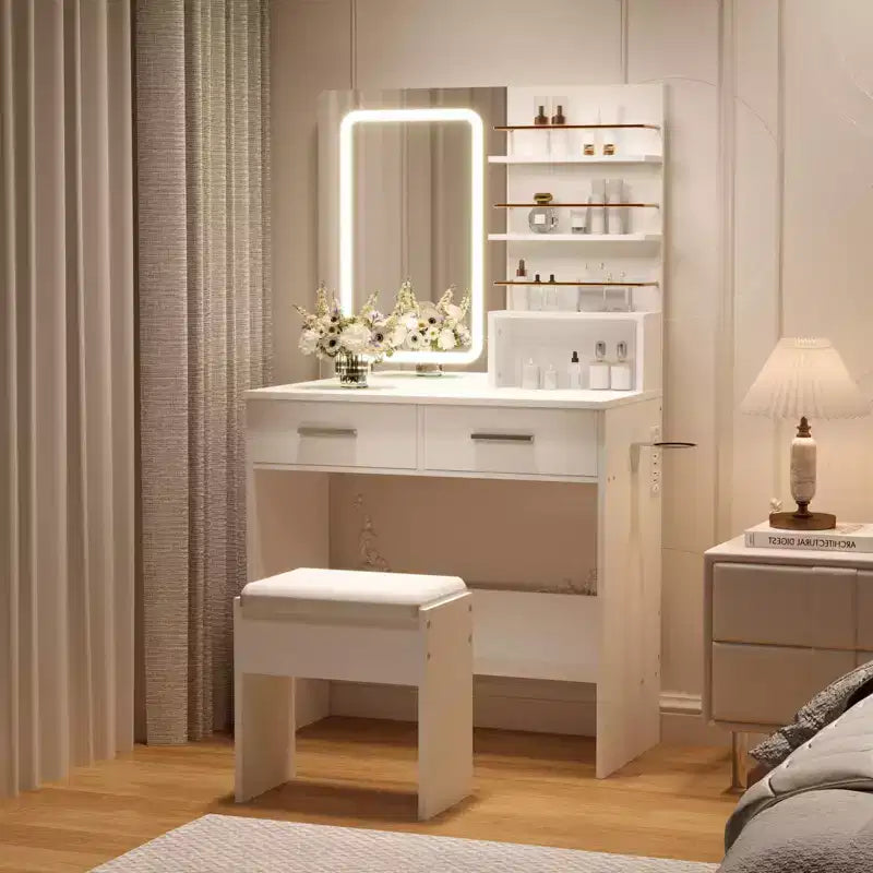 Coiffeuse avec miroir, Meuble de maquillage avec 2 tiroirs et étagères ouvertes, Armoire, Table de toilette de chambre avec chaise