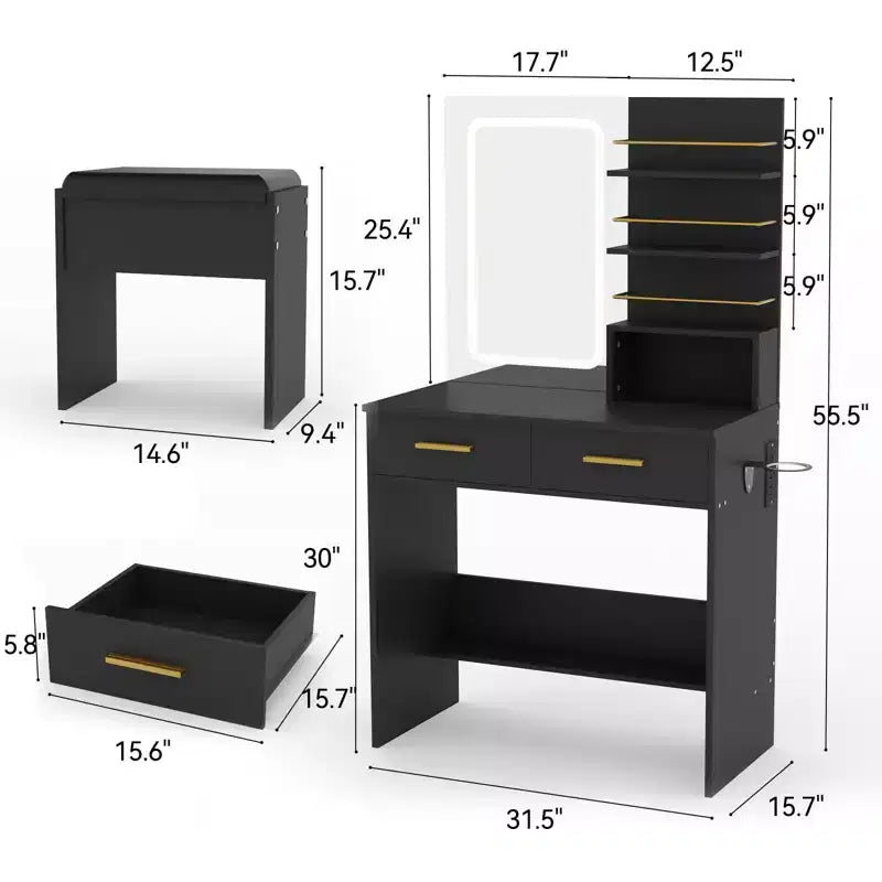 Coiffeuse avec miroir, Meuble de maquillage avec 2 tiroirs et étagères ouvertes, Armoire, Table de toilette de chambre avec chaise