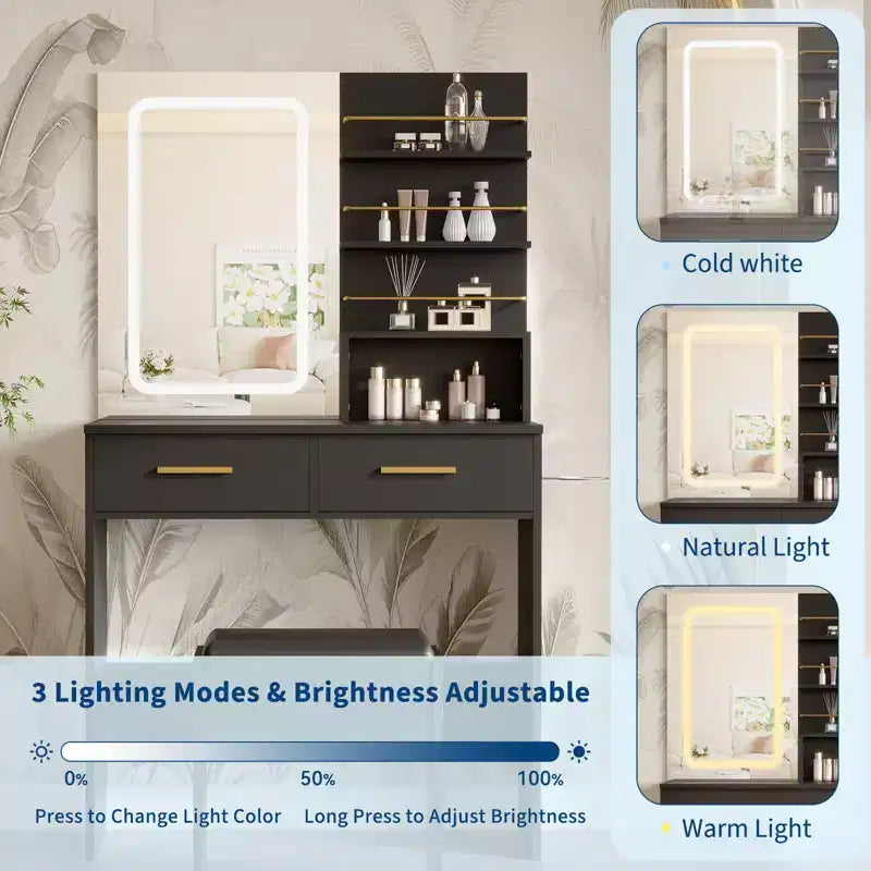 Coiffeuse avec miroir, Meuble de maquillage avec 2 tiroirs et étagères ouvertes, Armoire, Table de toilette de chambre avec chaise