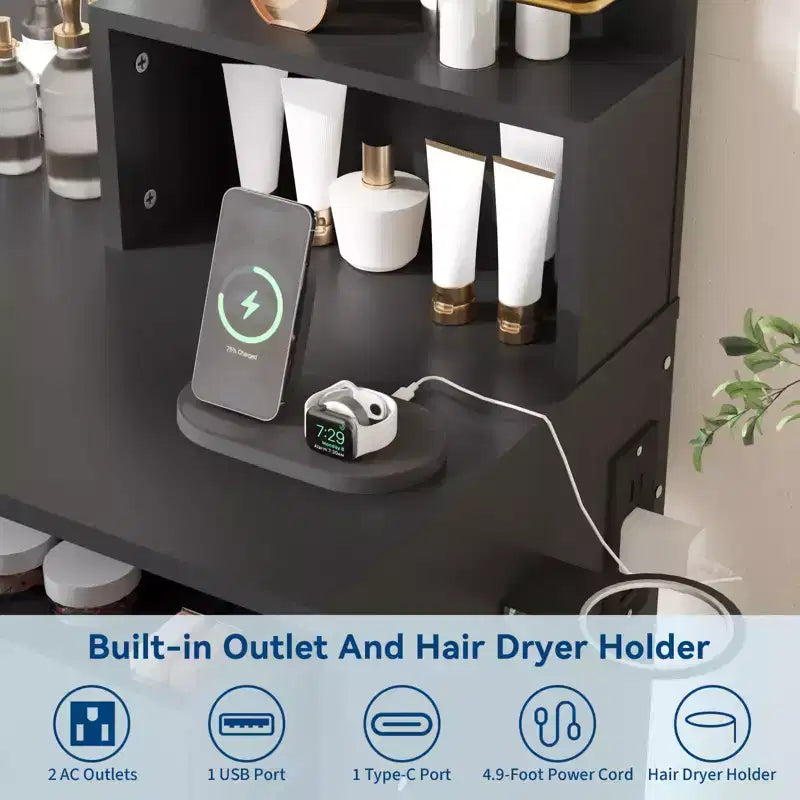 Coiffeuse avec miroir, Meuble de maquillage avec 2 tiroirs et étagères ouvertes, Armoire, Table de toilette de chambre avec chaise