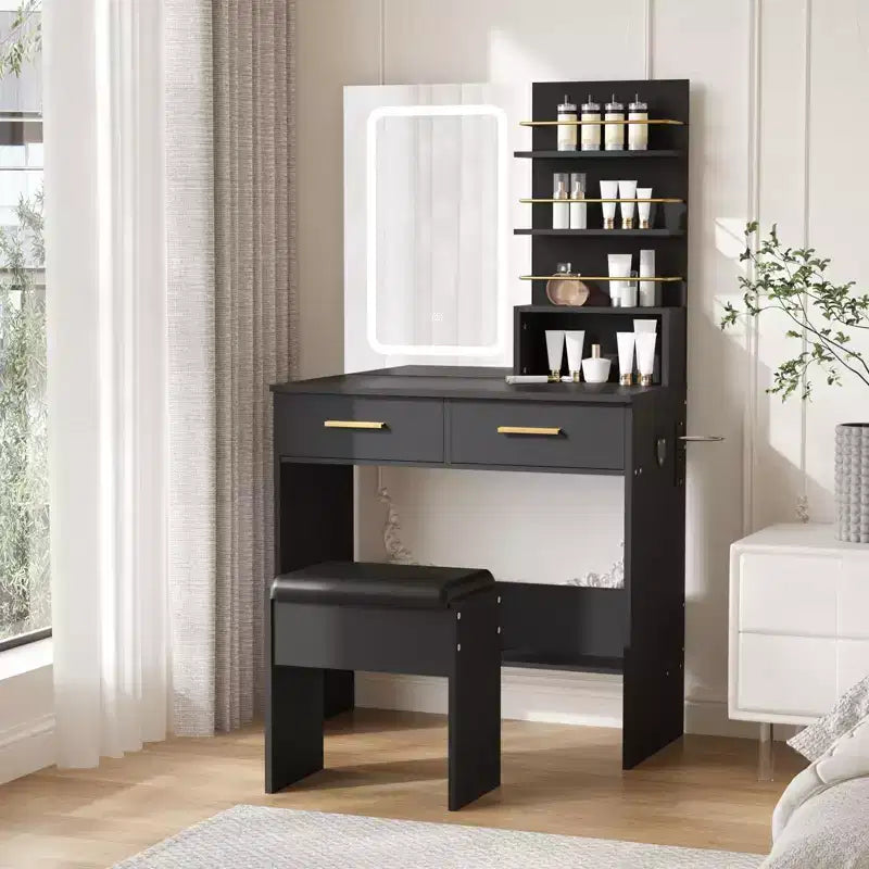 Coiffeuse avec miroir, Meuble de maquillage avec 2 tiroirs et étagères ouvertes, Armoire, Table de toilette de chambre avec chaise