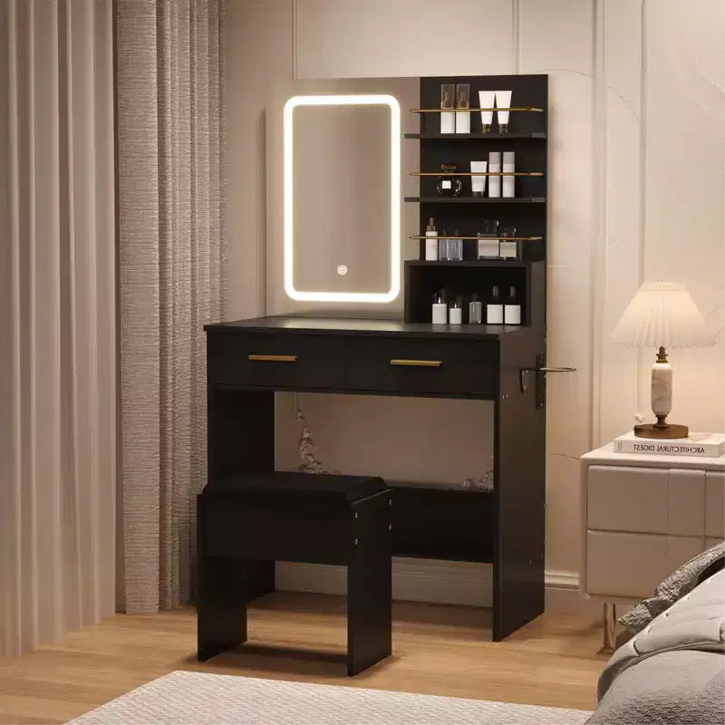 Coiffeuse avec miroir, Meuble de maquillage avec 2 tiroirs et étagères ouvertes, Armoire, Table de toilette de chambre avec chaise