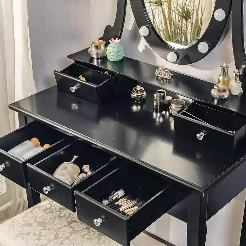 Coiffeuse moderne avec miroirs et éclairage LED, table de maquillage en bois 2 en 1 avec chaises, tiroirs, rangement, pour chambre à coucher